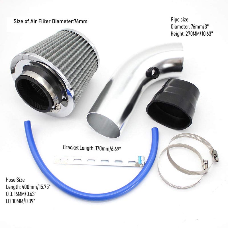 RASNONE 3 Inch Universal Cold Air Intake Kit, Aluminum Induction Flow Hose Pipe Kit with Air Filter (Silver) - Image 3